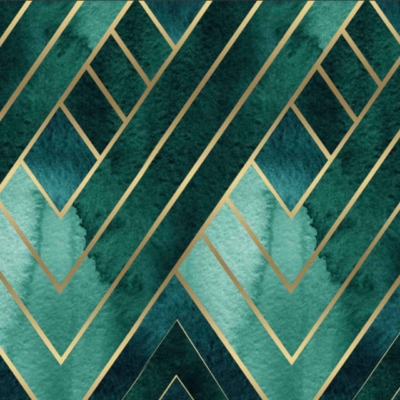 Abstract geometric wallpaper with diagonal lines and diamond shapes in various shades of green and gold. Deep and light greens layered with textured patterns, accented by rich gold hues. Sophisticated, modern design perfect for discerning decor. Search keywords: geometric pattern, diagonal lines, diamond shapes, shades of green, gold accents, textured look, sophisticated wallpaper.
