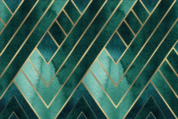 Abstract geometric wallpaper with diagonal lines and diamond shapes in various shades of green and gold. Deep and light greens layered with textured patterns, accented by rich gold hues. Sophisticated, modern design perfect for discerning decor. Search keywords: geometric pattern, diagonal lines, diamond shapes, shades of green, gold accents, textured look, sophisticated wallpaper.