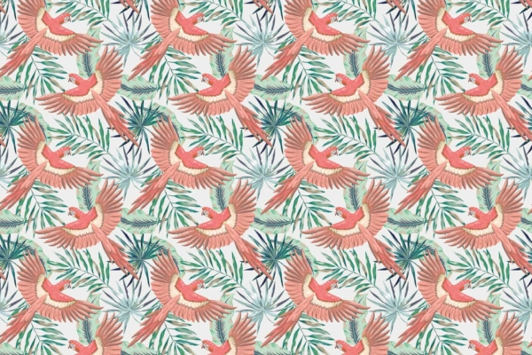 Seamless wallpaper with vibrant orange and pink birds with open wings, lush green and blue tropical leaves on a light background. Evokes lively, fresh natural atmosphere of Rio de Janeiro. Perfect for travel enthusiasts or tourism campaigns.