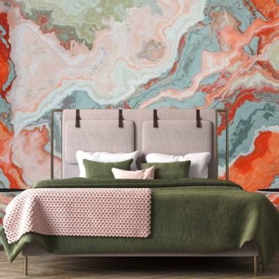 The wallpaper features a striking marble pattern in shades of orange, green, and white. This eye-catching design blends vibrant hues with natural textures, creating a unique and dynamic look for the modern bedroom.