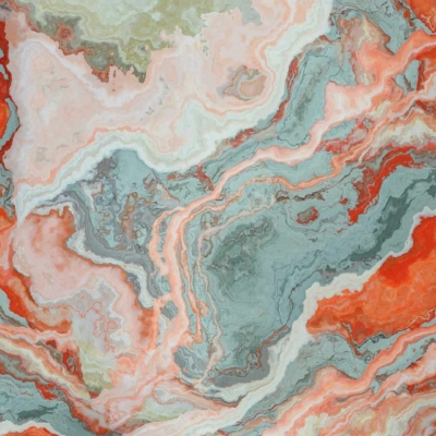 Swirling abstract wallpaper features a marbled pattern in earthy tones, blending shades of red, green, and white. Fluid, intricate lines create dynamic movement and depth, evoking imagery of an untraveled road winding through pristine landscapes. Perfect for adding a sense of organic flow and natural beauty to any space.