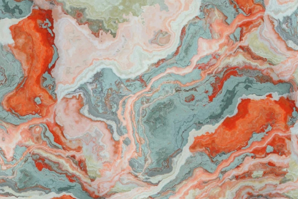 Swirling abstract wallpaper features a marbled pattern in earthy tones, blending shades of red, green, and white. Fluid, intricate lines create dynamic movement and depth, evoking imagery of an untraveled road winding through pristine landscapes. Perfect for adding a sense of organic flow and natural beauty to any space.