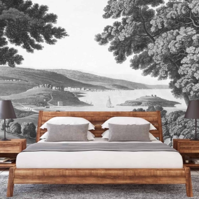 Wallpaper: monochrome wall mural, serene lakeside landscape, road to Washington, trees, hills, sailboats. Minimalistic black and white tones.