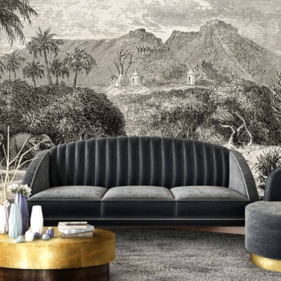 The wallpaper features a detailed black and white landscape mural with intricate mountains and trees, creating a striking visual focal point.