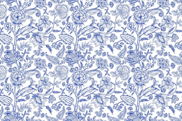 Blue and white floral wallpaper featuring intricate designs of detailed blooming flowers, leaves, and vines. The pattern is reminiscent of classic Robertson textiles with a repetitive, evenly spaced layout, creating a seamless vintage-inspired look. Key elements: blue flowers, white background, detailed leaves and vines.