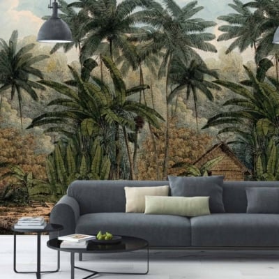 The wallpaper is a striking mural featuring a lush tropical scene inspired by Robinson Crusoe’s adventure. It includes rich green foliage, vibrant flowers, and exotic plants, set against a backdrop of deep blues and earthy browns.