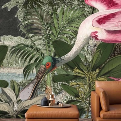 The wallpaper features a lush, tropical scene with tall palm trees and dense foliage. A large Roseate Spoonbill with a long neck and green head stands prominently. The design is rich in greens and pinks.