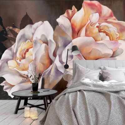 The wallpaper features a large floral mural with two prominent white and pink roses. The hues are soft yet striking, blending delicate whites with varying shades of pink against a potentially neutral background to make the flowers stand out.