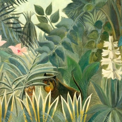 Wallpaper features lush green foliage, pink and white flowers, tall grass, and partially hidden monkeys amongst greenery. Serene depiction of tropical nature in detailed design. Elements: green leaves, pink flowers, white flowers, tall grass. Colors: various greens, pinks, whites.