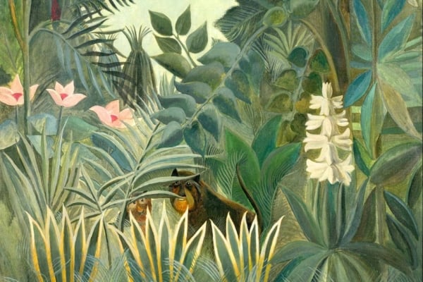Wallpaper features lush green foliage, pink and white flowers, tall grass, and partially hidden monkeys amongst greenery. Serene depiction of tropical nature in detailed design. Elements: green leaves, pink flowers, white flowers, tall grass. Colors: various greens, pinks, whites.