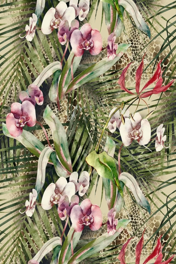Vibrant tropical wallpaper with watercolor orchids in pink, purple, and white hues. Background features green palm leaves and fern fronds. Intricate details create dense floral foliage with realistic textures and a safari-inspired theme. Keywords: tropical pattern, watercolor orchids, pink, purple, white flowers, green palm leaves, fern fronds, intricate details, realistic textures.