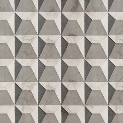 A seamlessly repeating geometric pattern featuring three-dimensional gray, white, and black triangular shapes arranged in a tessellating design creates an illusion of depth.
