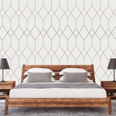 The wallpaper in the modern bedroom features a bold geometric pattern. The design includes sharp lines and shapes that create an intricate, contemporary look. Predominantly composed of black, white, and various shades of gray, these colors are interwoven to form striking contrasts and visual depth. This monochromatic palette enhances the room's overall aesthetic by adding a sophisticated yet dynamic backdrop.