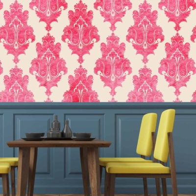 The wallpaper is vibrant pink damask.
