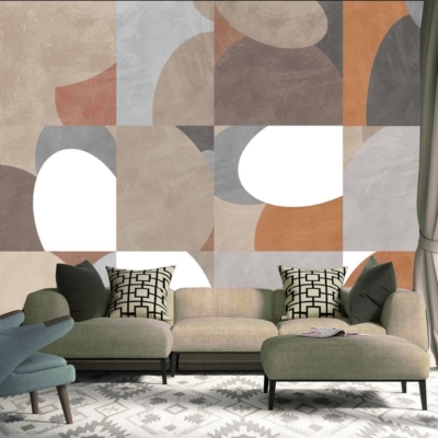 The wallpaper is a striking abstract mural featuring neutral tones of gray, beige, and rust.