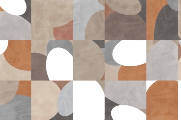 Wallpaper design features:
- Geometric abstract pattern
- Overlapping organic shapes
- Rounded rectangles
- Earthy tones: beige, brown, gray, terracotta
- Textured appearance like Sands of Time elements
- Visually engaging and dynamic design