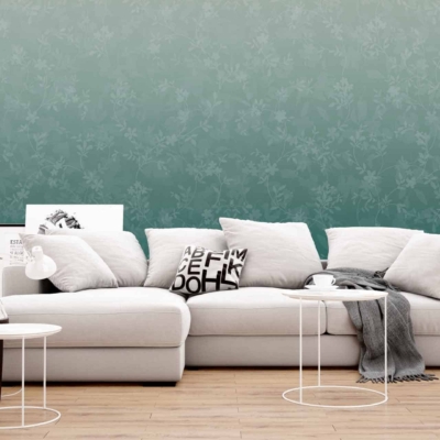 Elegant teal floral-patterned wallpaper featuring delicate flower and leaf motifs.