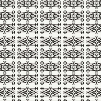 Seamless black and white geometric pattern with intricate diamond shapes, X shapes, and ovals in a grid. The repetitive design forms a symmetrical mosaic on a light background, ideal for screen printing or professional print services. Elements: diamonds, X shapes, ovals. Colors: black and white.