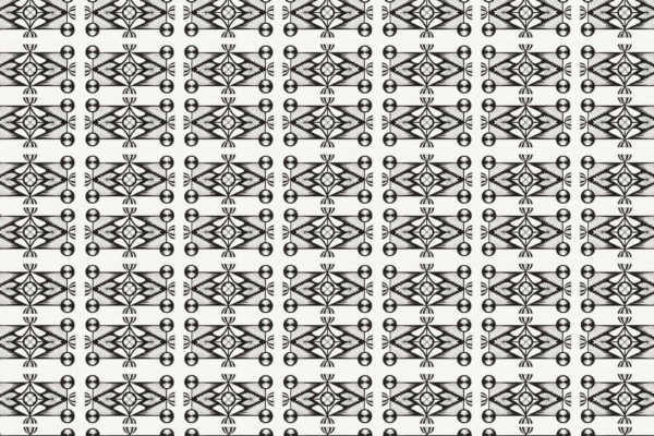Seamless black and white geometric pattern with intricate diamond shapes, X shapes, and ovals in a grid. The repetitive design forms a symmetrical mosaic on a light background, ideal for screen printing or professional print services. Elements: diamonds, X shapes, ovals. Colors: black and white.
