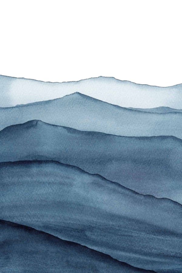 Title: Minimalist Blue Mountains

Description:
- Layers of blue mountains, receding into the distance
- Foreground: Deep navy blue hues
- Middle ground: Medium shades of blue
- Background: Lighter blues and grays near the horizon
- Watercolor texture creating a serene atmosphere
- Subtle details in mountain layers using gradients and washes