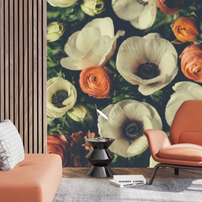 Wooden slat accent wall with a large floral mural. Vibrant mix of white and orange flowers, seasonal update in the mural.