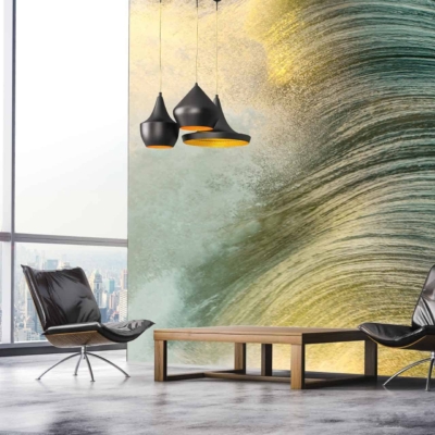 The wallpaper is a wall mural featuring a green and yellow textured wave.