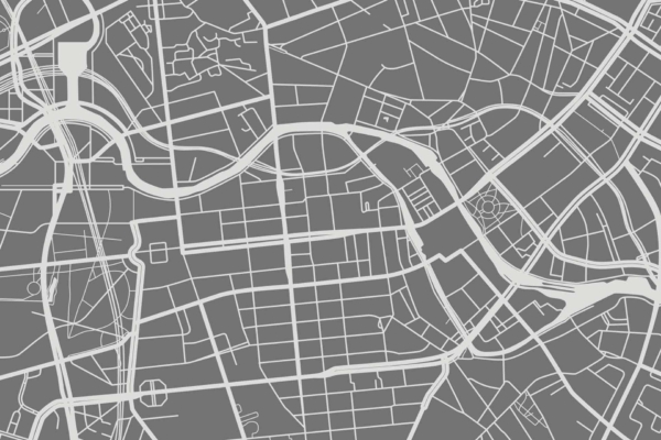 A monochromatic wallpaper features white lines for streets on a dark grey background. It showcases rectangular and circular road patterns with a mix of straight and curved streets, offering a clear directional sense.