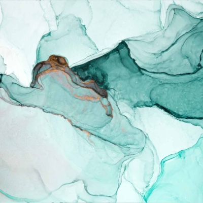 Abstract wallpaper featuring fluid, swirling patterns in shades of teal, green, and white. Dark accents and hints of brown lines add depth. Colors blend seamlessly for an ethereal effect.