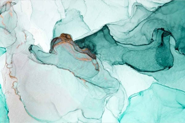 Abstract wallpaper featuring fluid, swirling patterns in shades of teal, green, and white. Dark accents and hints of brown lines add depth. Colors blend seamlessly for an ethereal effect.