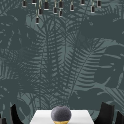 Dark green wall, subtle Shadow Fern pattern.