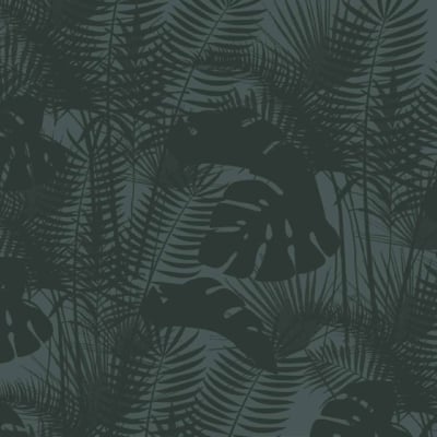 Dark minimalist botanical wallpaper. Features: various palm, Monstera leaves, ferns in black. Background: muted green. Elements: subtle shadows, differing sizes and orientations, intricate tropical design.