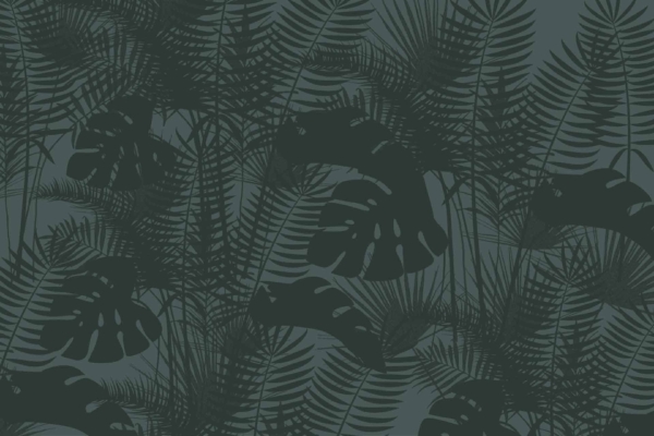 Dark minimalist botanical wallpaper. Features: various palm, Monstera leaves, ferns in black. Background: muted green. Elements: subtle shadows, differing sizes and orientations, intricate tropical design.