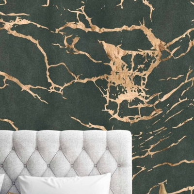 Dark green, gold, abstract marbled design, resembling shattered glass.