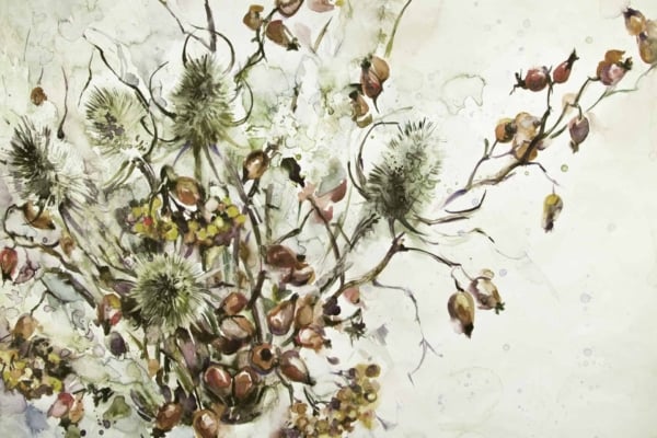 Watercolor painting wallpaper features an arrangement of wildflowers and thorny plants, including thistles and rose hips. The design showcases wispy details with soft hues of green, brown, and light pink against a pale background.