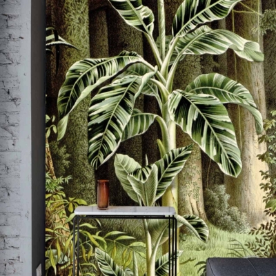 A detailed mural of tropical banana trees and a dense forest features prominently. Elements include large banana leaves, tree trunks, and lush greenery. The colors comprise various shades of green, brown, and hints of bright foliage.