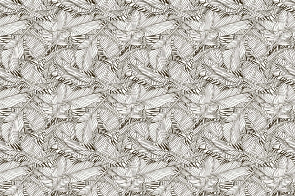 Seamless pattern, intricate abstract leaf designs, black and white, simple summer elegance, detailed line work, repetitive textured effect, entire background coverage, symmetrical arrangement, visually complex wallpaper.