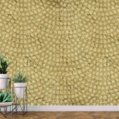Textured, patterned wallpaper in shades of yellow and gold, intricate designs.