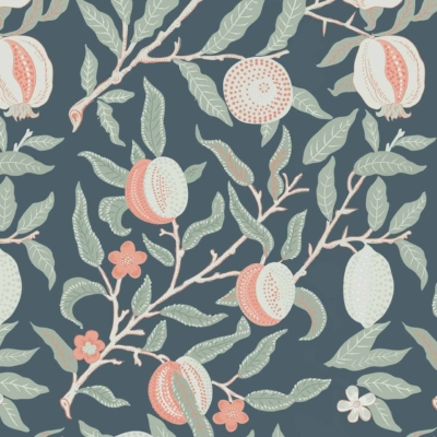 Illustrated pattern showcasing branches with pomegranates and leaves on a dark teal background. Pomegranates in shades of red, orange, and pink evoke vibrant flora. Detailed green leaves add a lively, natural touch.