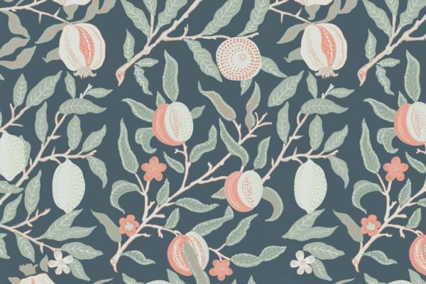 Illustrated pattern showcasing branches with pomegranates and leaves on a dark teal background. Pomegranates in shades of red, orange, and pink evoke vibrant flora. Detailed green leaves add a lively, natural touch.