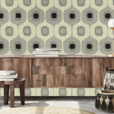Retro-style geometric wallpaper featuring bold patterns and vibrant colors like mustard yellow, teal, burnt orange, and olive green.