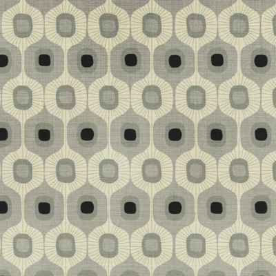 Seamless geometric wallpaper featuring alternating vertical rows of hexagons with inner concentric oval and rectangular designs. Colors in shades of beige, gray, and black evoke a retro South Side decor vibe. Elements include hexagonal shapes, concentric ovals, rectangles, and retro color palette.