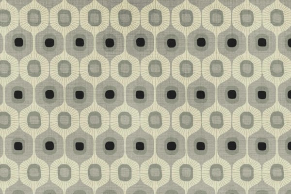 Seamless geometric wallpaper featuring alternating vertical rows of hexagons with inner concentric oval and rectangular designs. Colors in shades of beige, gray, and black evoke a retro South Side decor vibe. Elements include hexagonal shapes, concentric ovals, rectangles, and retro color palette.
