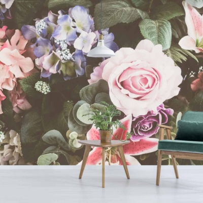 Wallpaper features a vibrant floral mural with various flowers in shades of pink, purple, and green.