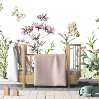 The wallpaper features delicate flowers, leaves, and butterflies. The colors include soft pastels such as blush pink, lavender, mint green, and sky blue. These elements contribute to a serene and whimsical atmosphere reminiscent of the magic of spring.
