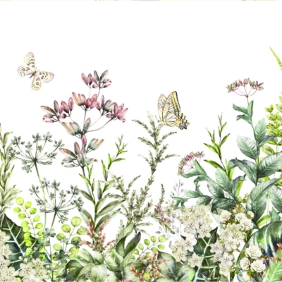 Wallpaper features wildflowers, grasses, leafy plants in various shades of green. Spring foliage with fluttering butterflies. Intricate details highlight natural beauty.
