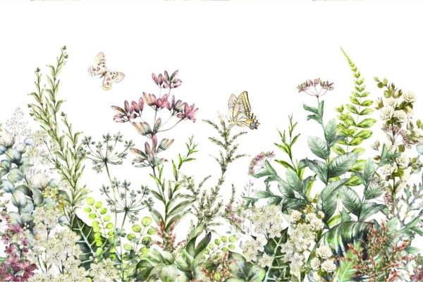 Wallpaper features wildflowers, grasses, leafy plants in various shades of green. Spring foliage with fluttering butterflies. Intricate details highlight natural beauty.