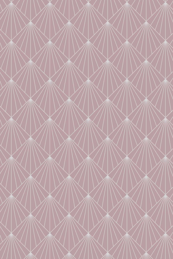 Light pink background, intersecting white lines, semi-circle fan shapes, diamond structures, repeating pattern, delicate motif, symmetrical design.