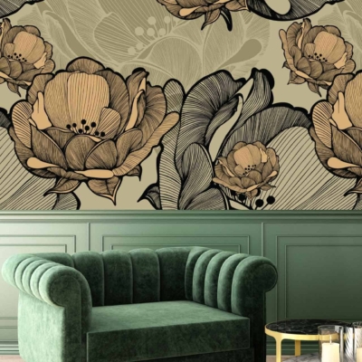 A wall adorned with a large floral pattern in neutral tones. Features elements such as flowers and possibly leaves, primarily in shades of beige, cream, taupe, or gray.