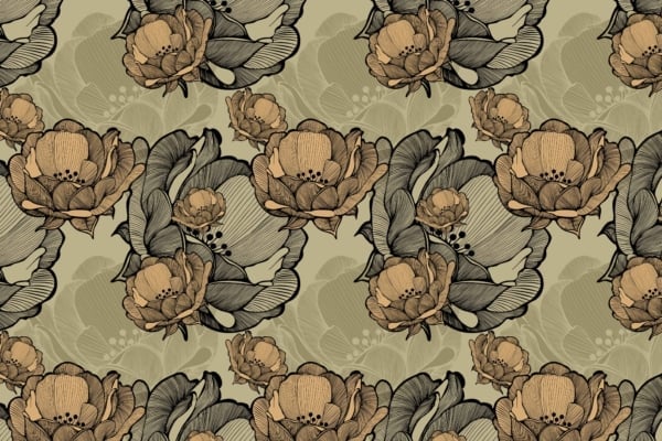 Seamless wallpaper pattern featuring intricate gold and black flowers with overlapping leaves, reminiscent of cherry blossoms, on a muted green background. Elegant, detailed tapestry effect with uniformly repeating ornate floral design. Elements: gold flowers, black flowers, leaves. Colors: gold, black, muted green.