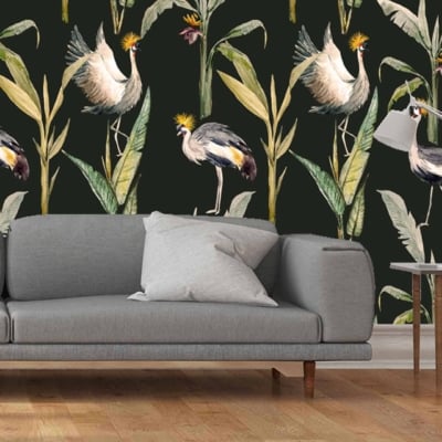 Bold wallpaper with tropical theme, storks, banana leaves, yellow flowers, dark green background.